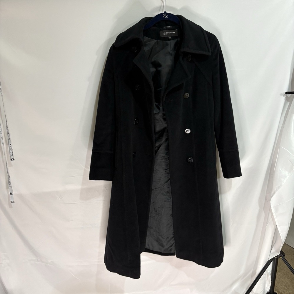 Jones New York Full Length Dress OverCoat Womens 2P Black Wool Blend Button